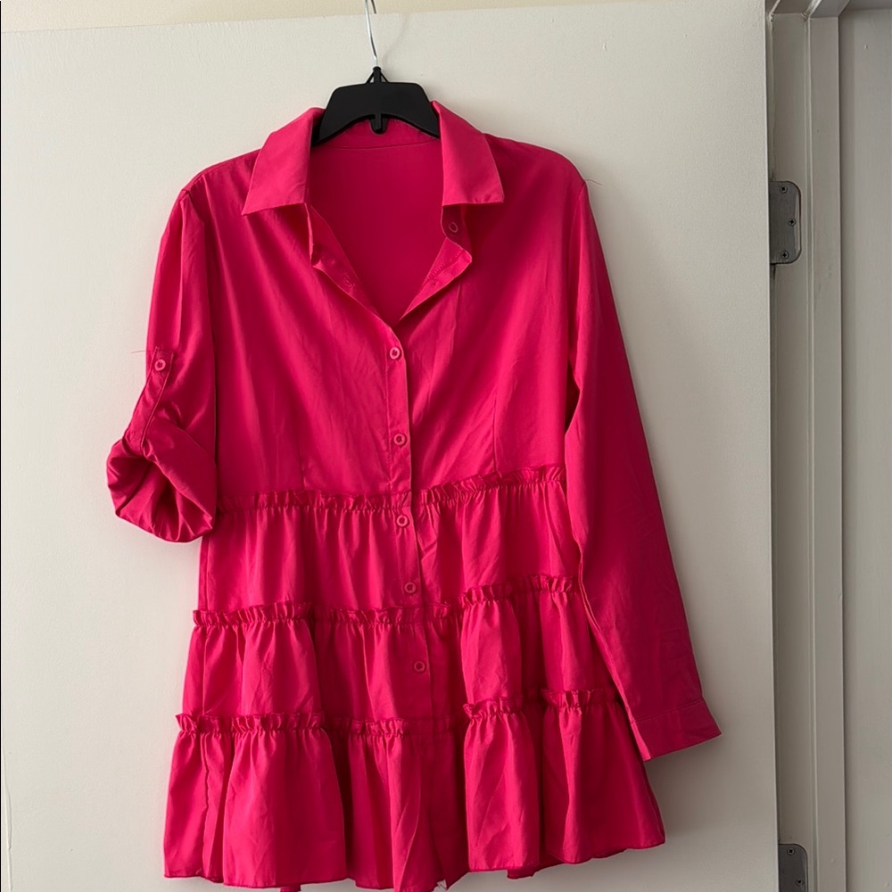Pink Button-Up Ruffled Women's Dress